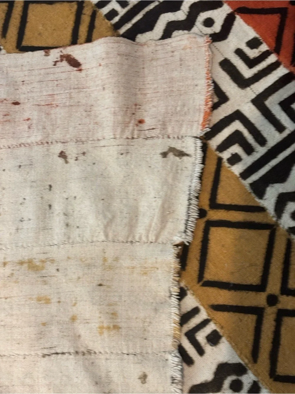 VTG WEST AFRICAN COTTON TRIBAL PRINT RUST MUSTARD BLACK CREAM MUD CLOTH 55”x78”